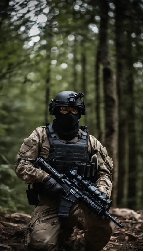 (Best quality,4K,8K,A high resolution,Masterpiece:1.2),Ultra-detailed,(Realistic,Photorealistic,photo-realistic:1.37), One of them wore a black SWAT uniform，Man in black helmet, A man in a black mask holds a gun, Air rifle CQB, French Special Operations, r...