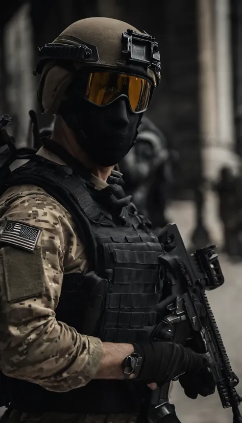 (Best quality,4K,8K,A high resolution,Masterpiece:1.2),Ultra-detailed,(Realistic,Photorealistic,photo-realistic:1.37), One of them wore a black SWAT uniform，Man in black helmet, A man in a black mask holds a gun, Air rifle CQB, French Special Operations, r...