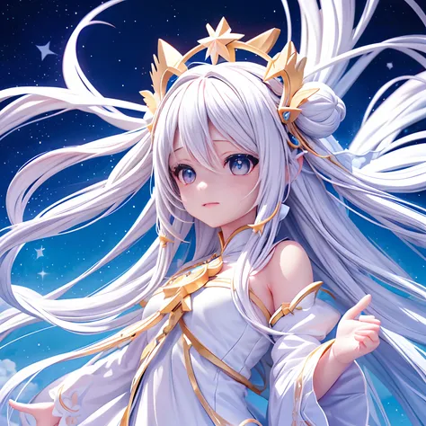 Anime girl with long white hair and stars in her hair, white-haired god, anime girl with cosmic hair, Star(sky) Starry_sky, anime visual of a cute girl, Splash art anime Loli, white glowing aura, Girl with white hair, ethereal anime, akasuki voidstar, cele...