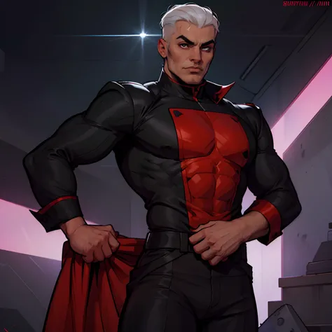 Cartoon of a black uniform super villain man with bright red details