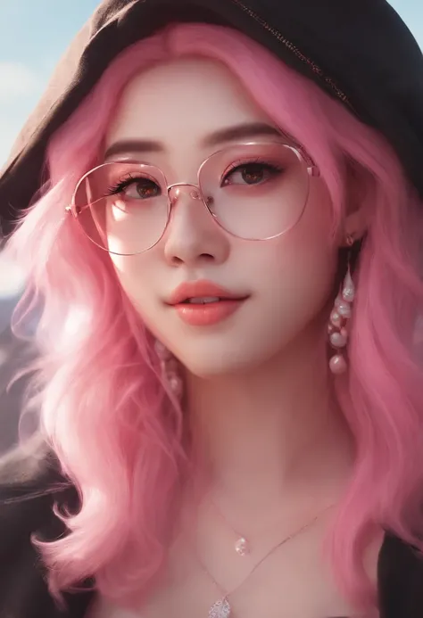 Close-up of a woman with pink hair wearing glasses, artwork in Guvez style, Guvez, kawaii realistic portrait, inspired by Seihiko-kun, glowing pink face, pink girl, beautiful anime portrait, pink glasses, glowing pink eyes, realistic anime 3 D style, Yanju...