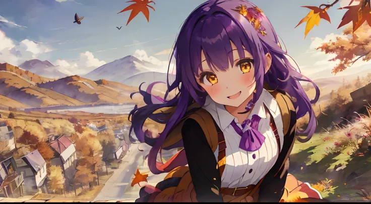 girl with,purple color  hair,Yellow eyes,Fluffy dresses,Autumn outfit,Autumn landscape,Colored leaves,Dress Sex,flower  field,full of sunlight,Upper Eyes,Smile while blushing,Leaning to the right,Several small birds are flying