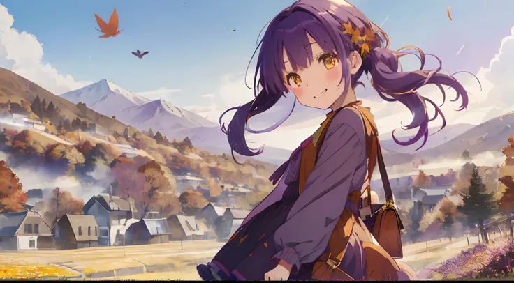 girl with,purple color  hair,Yellow eyes,Fluffy dresses,Autumn outfit,Autumn landscape,Colored leaves,Dress Sex,flower  field,full of sunlight,Upper Eyes,Smile while blushing,Leaning to the right,Several small birds are flying