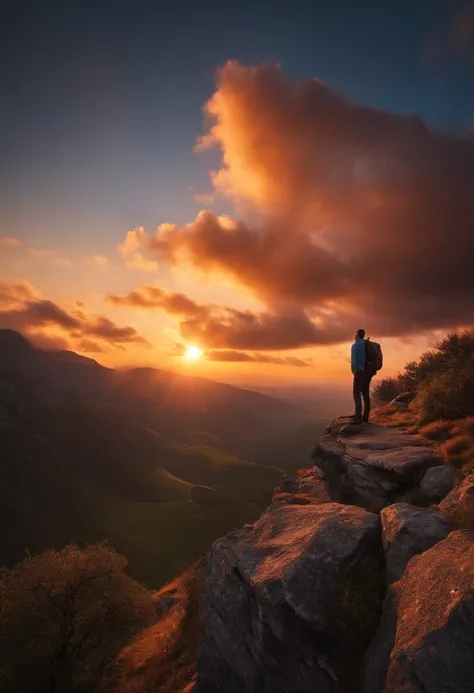 man on top of a mountain, sunset, nature, hd