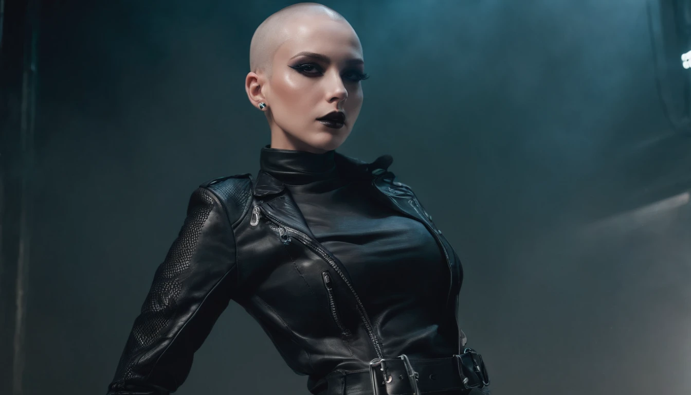 Beautiful shaved head woman dressed in leather jacket and fishnet bodysuit dancing in an underground rave, black make-up, techno aesthetic, techno rave, sensual pose, ultra detailed, photorealistic, masterpiece.