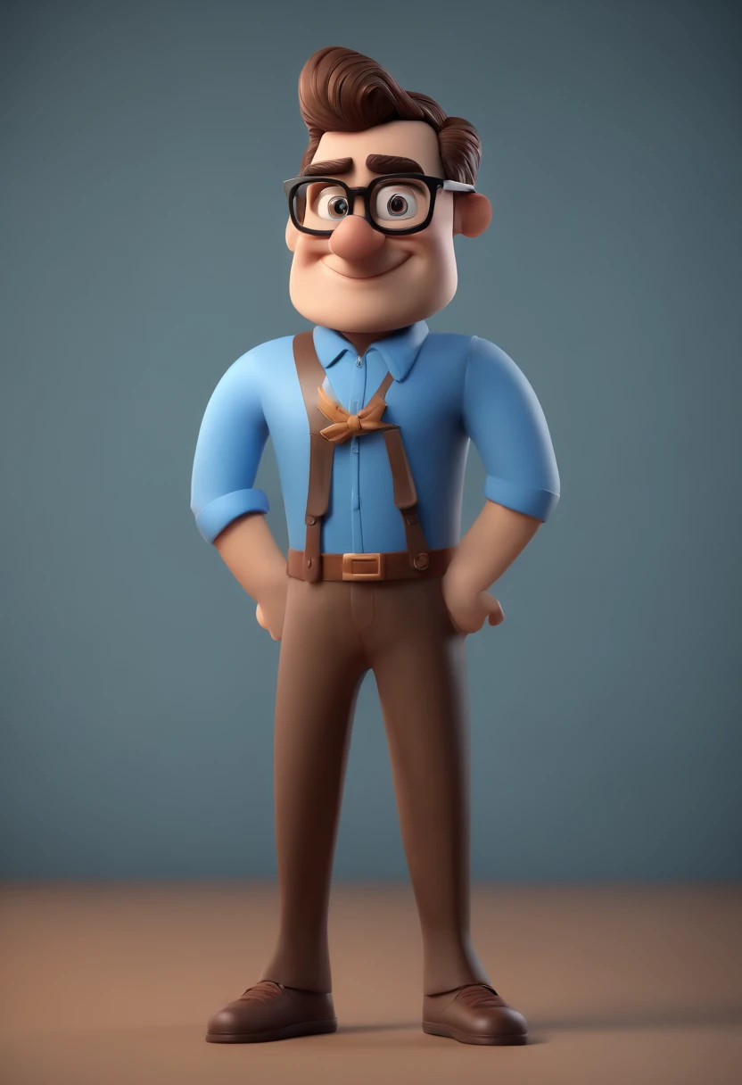 Cartoon character of a man with black glasses, cabelo cacheado marrom escuro e uma camisa azul, animation character, Caractere estilizado, animation style rendering, 3D estilizado, Arnold Maya render, 3 d render stylized, toon render keyshot, Personagem 3D...