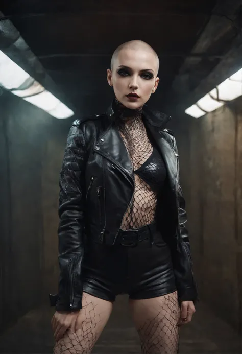 Beautiful shaved head woman dressed in leather jacket and fishnet bodysuit dancing in an underground rave, black make-up, techno aesthetic, techno rave, sensual pose, ultra detailed, photorealistic, masterpiece.