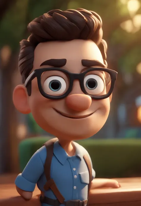 Cartoon character of a man with black glasses, cabelo cacheado marrom escuro e uma camisa azul, animation character, Caractere estilizado, animation style rendering, 3D estilizado, Arnold Maya render, 3 d render stylized, toon render keyshot, Personagem 3D...