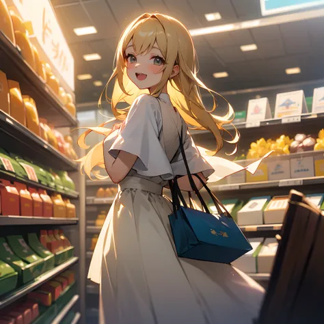 (​masterpiece、top-quality)、Wearing a white dress、Long blonde girl going shopping in supermarket、Its existence is、Beautify the entire space、a person々Bringing joy and excitement to。Warm lighting、Blurred foreground