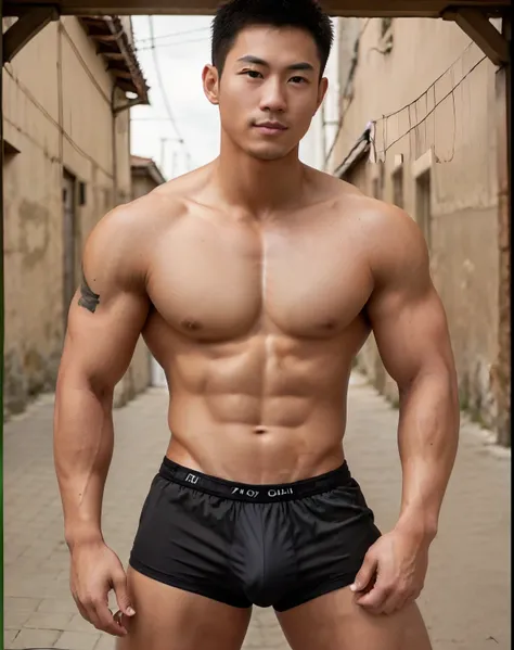 A man in Araphedo wearing tattoos and black underwear poses for the photo, Black underwear, Asian Male, handsome chad chin, korean muscle boy 2 1 years old, Sporty physique, twinks, damien tran, muscular!!, beefcake pose, Stone Punk, Asian Man, half man ha...