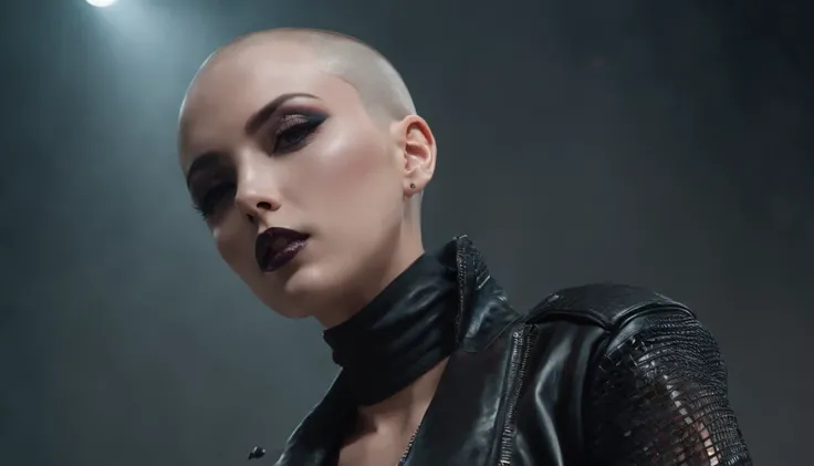 Beautiful shaved head woman dressed in leather jacket and fishnet bodysuit dancing in an underground rave, black make-up, techno aesthetic, techno rave, sensual pose, ultra detailed, photorealistic, masterpiece.