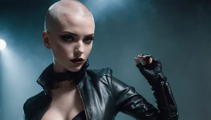 Beautiful shaved head woman dressed in leather jacket and fishnet bodysuit dancing in an underground rave, black make-up, techno aesthetic, techno rave, sensual pose, ultra detailed, photorealistic, masterpiece.