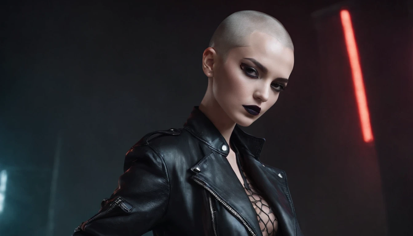 Beautiful shaved head woman dressed in leather jacket and fishnet bodysuit dancing in an underground rave, black make-up, techno aesthetic, techno rave, sensual pose, ultra detailed, photorealistic, masterpiece.