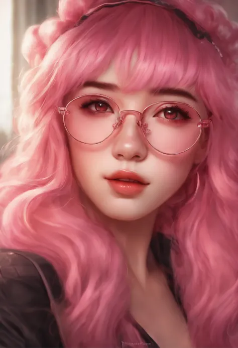 Close-up of a woman with pink hair wearing glasses, artwork in Guvez style, Guvez, kawaii realistic , inspired by Seihiko-kun, glowing pink face, pink girl, beautiful anime portrait, pink glasses, detailed realistic eyes, glowing pink eyes, realistic anime...