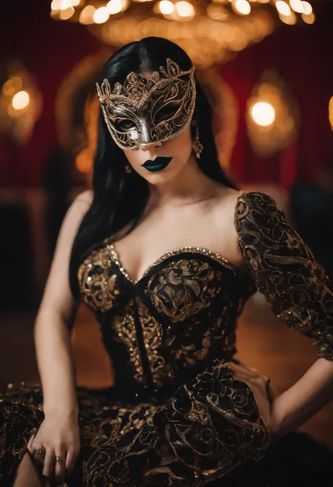 The girl is beautiful, with fair skin, long straight black hair, and is wearing a masquerade mask from a masquerade party. She is approximately 27 years old and is Argentine. The raw, unfiltered picture shows a cute, fit girl with long, straight black hair...