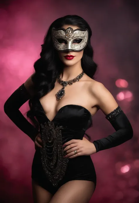 The girl is beautiful, with fair skin, long straight black hair, and is wearing a masquerade mask from a masquerade party. She is approximately 27 years old and is Argentine. The raw, unfiltered picture shows a cute, fit girl with long, straight black hair...