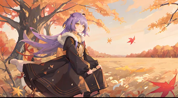 girl with,purple color  hair,Yellow eyes,Fluffy dresses,Autumn outfit,Autumn landscape,Colored leaves,Dress Sex,flower  field,full of sunlight,Upper Eyes,Smile while blushing,Leaning to the right,Several small birds are flying