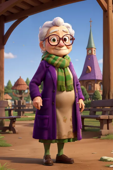 masterpiece, best quality, an old woman with glasses and a scarf on, wearing a purple coat and green scarf, standing at the park