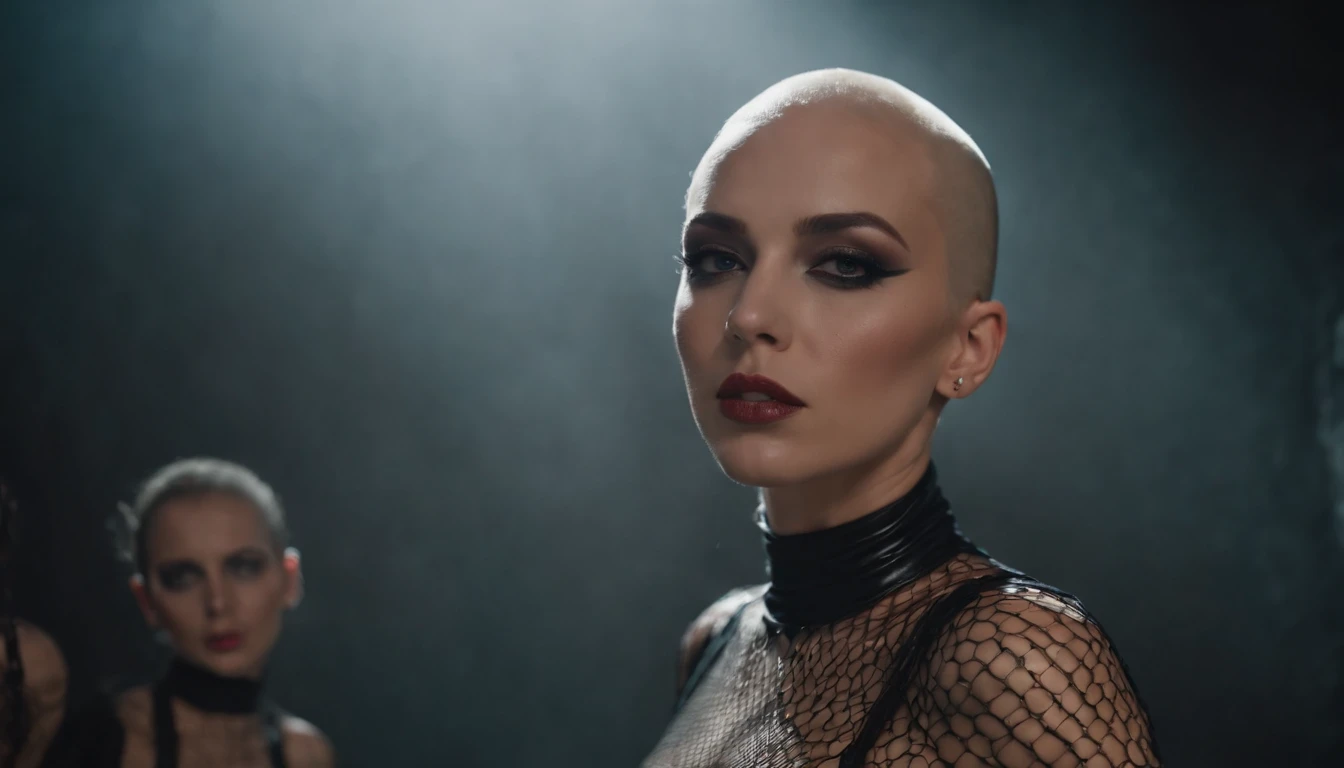 Beautiful shaved head woman dressed in fishnet bodysuit dancing in an underground rave, black make-up, techno aesthetic, techno rave, sensual pose, ultra detailed, photorealistic, masterpiece.