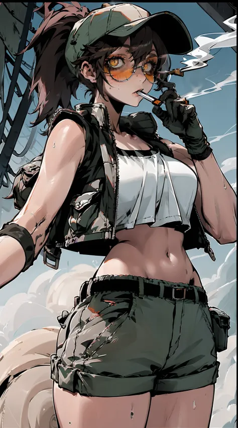 fiogermiwaifu，(shorts, crop top, gloves, round eyewear, vest, baseball cap)，cyberworld，jk style，smoking girl，bags under eyes,eye...