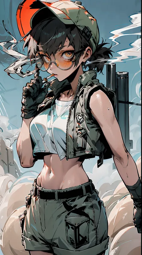 fiogermiwaifu，(shorts, crop top, gloves, round eyewear, vest, baseball cap)，cyberworld，jk style，smoking girl，bags under eyes,eye...