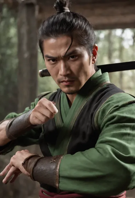 Samurai baseado no escorpion( Mortal Kombat.) Holding two katanas in two hands, expression of anger and hatred, Japanese man in his twenties, olhos verdes, attack expression ( both hands have five fingers.)