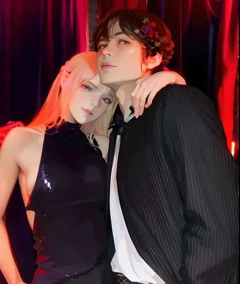 Mujer rubia en vestido negro y hombre en traje negro posando para una foto, Imagen filtrada, lalisa de Blackpink, con negro,  Taehyung Kim, taken in the early 2020s, con ella larga, Parque Roseanne de Blackpink, , Lalisa Manobal, foto de perfil