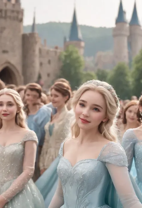 The picture should be 4K HD、Two nice and cute 14 year old girls、The details of the face are exquisite、Dress up as Elsa and Anna from Frozen、Two people are the same height、A round face、A skinny melon seed face、There was a crowd of joy far behind them、The ba...