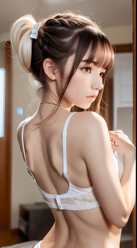 20 years old, Pretty woman, Beautiful woman, Gentle expression, Sleepy expression, 3 women, 6 women, Braided hair, short detailed hair, short  cut, Long hair, pony tails, double tails, All come with matching bangs, Pure white camisole vest, White underwear...