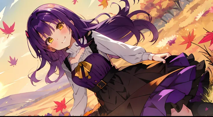 girl with,purple color  hair,Yellow eyes,Fluffy dresses,Autumn outfit,Autumn landscape,Colored leaves,Dress Sex,flower  field,full of sunlight,Upper Eyes,Smile while blushing,Leaning to the right,Several small birds are flying