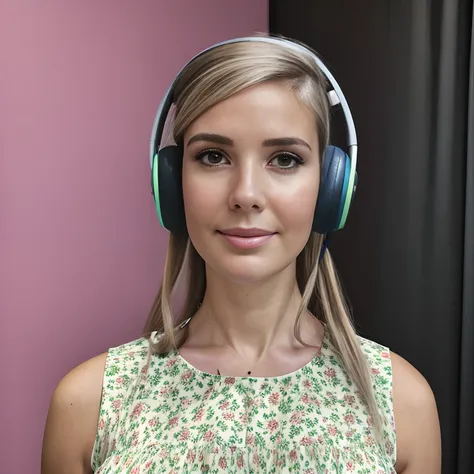 a portrait of a woman's face, in a photography studio, wearing a summer dress, wearing earphones, alanahpearce