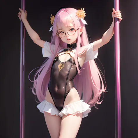 Transparent hair、hime-cut、Golden Eyes、eye glasses、10-year-old daughter、flat chest、Beautiful open legs、pole dance