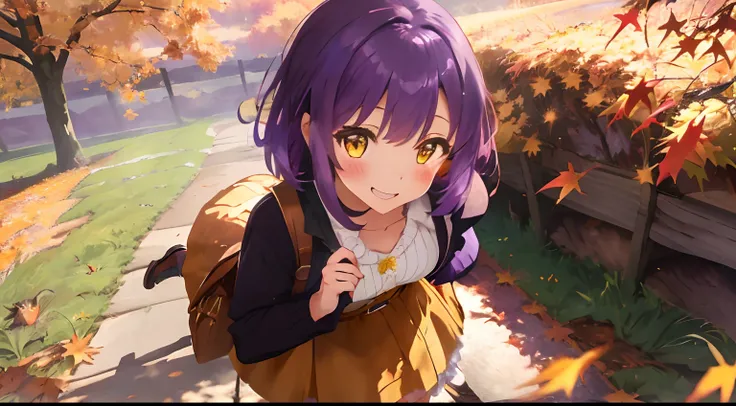 girl with,purple color  hair,Yellow eyes,Fluffy dresses,Autumn outfit,Autumn landscape,Colored leaves,Dress Sex,flower  field,full of sunlight,Upper Eyes,Smile while blushing,Leaning to the right,Several small birds are flying