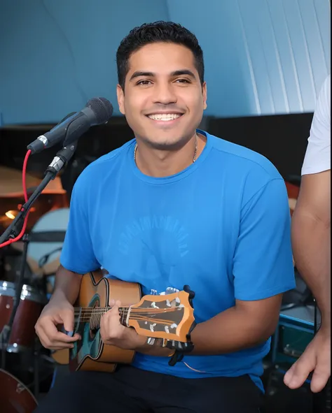 smiling man holding a guitar and a microphone in front of a microphone, caio santos, edu souza, pablo perdomo, alex miranda, daniel mirante, carmelo blandino, david rios ferreira, danilo torres, alex flores, joe alves, by Felipe Seade, icaro carvalho, joel...