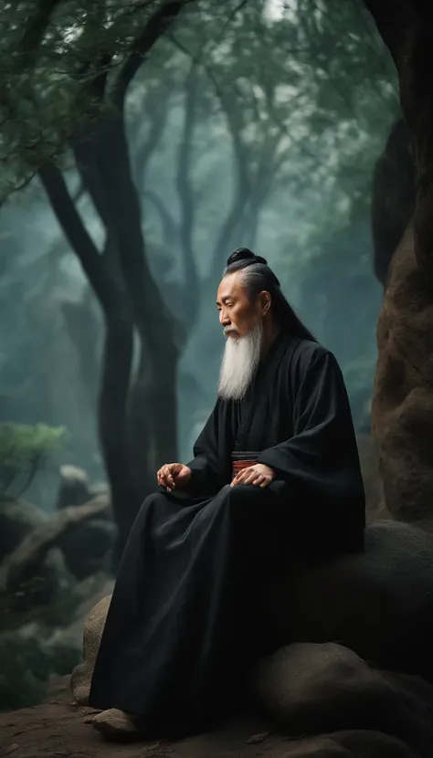 Close-up of a young Chinese Taoist leader sitting on a stone,long whitr hair，lbeard，Meditation cross-legged，Daoism, Wearing a black robe，magic aura，Taoist master,Taoist，at centre，Face the lens，Very bright colors, Light particles, with light glowing, Mshiv,...