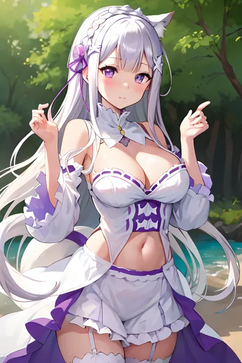 Emilia Re:Zero, white hair, white crown braid, purple ribbons in hair, white flower in hair, white lingerie, x hair ornament, purple eyes, long hair, medium breasts, fox girl, multiple tails, 1girl, solo, 

(masterpiece:1.1), (best quality:1.1), (ultra-det...