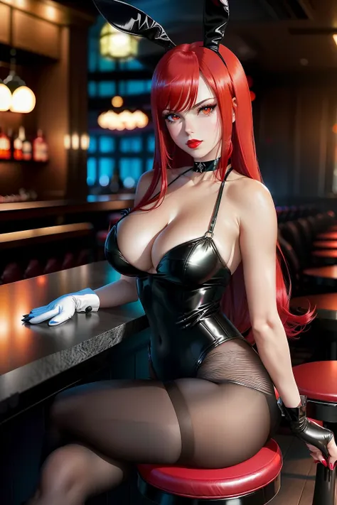 ((sit on table bar with legs crossed)) ((Erza scarlet from fairy tail anime series)) ((beautiful face)) (red lipstick) ((big bright eyes)) ((long redhead straight hairstyle with bangs)) ((very huge breast)) (perfect slim body) ((wears black bunny suit, bla...