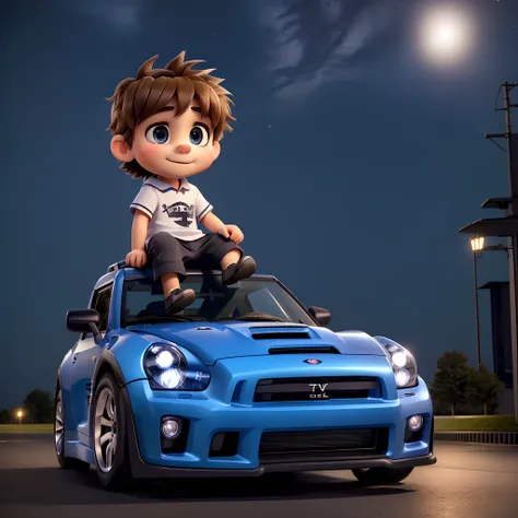 A cute little boy sitting on a top of a modified gtr car bonnet. Night shot