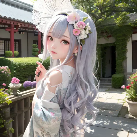 1 girl with a whole body、Silvery hair、Curly hair、floral headband、Courtyard of the mansion、Gorgeous kimono、off shoulders、Holding a parasol、Japan anime-style odd-eye,