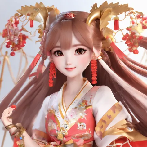 super cute girl IP by pop mart, Bright eyes, a blind box toy, Glossy and delicate,Clean background, Good gloss, 3D rendering of,Best Quality 1 Girl，(China-style：1.5)，Hanfu，Red clothes，long whitr hair，double tails，boots，Blushlush，with her mouth open，hair ad...