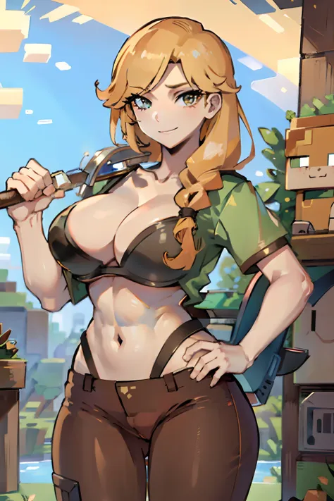 cute smile, big breasts, alex, ((marked pussy)), minecraft brown pants, bra, ((espada de diamante))