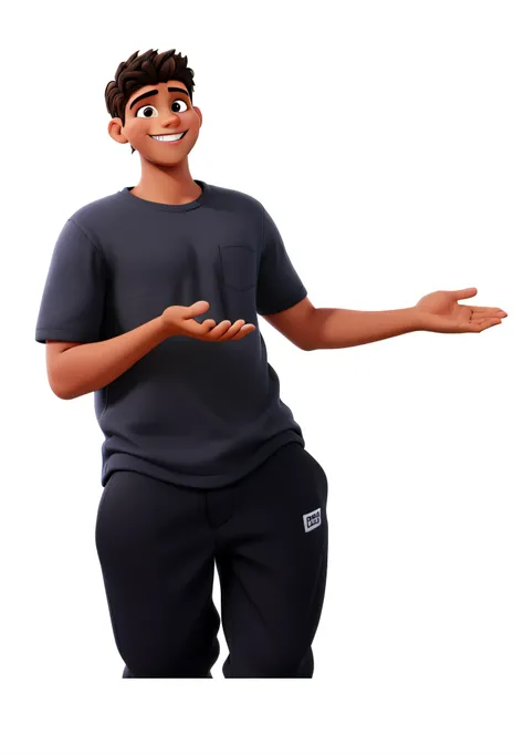 um menino magro sorrindo e usando uma camisa preta com escrito distribuidora js no lado esquerdo do peitoral, estilo disney pixar,alta qualidade,melhor qualidade