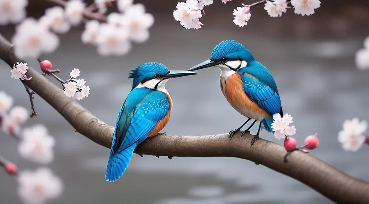 Superb Kingfisher Near White Cherry Blossoms on Branches, Dark, Dawn, (Cold Morning: 1.1), (Morning Dew: 1.15), Realistic Photography, (Low Photo: 1.2), Detail, 8K, Intricate Folded Feathers, Water Droplets on Feathers, (to8contrast style), (MIST: 0.7), Br...