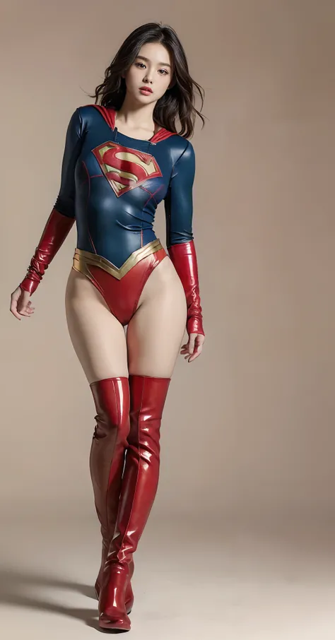 Beautiful girl fighting、japanes、Cute Beautiful Girl、(((Wear black tights on your beautiful legs.)))、(((beauty legs)))、(((Open thighs)))、((((Make the most of the original image)))、(((Supergirl Costume)))、(((Beautiful hair in a short cut)))、(((Injured)))、(((...