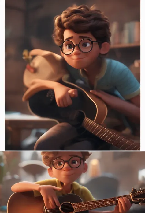 Image of a boy for a story in a YouTube video in Pixar format, He wears glasses, ele usa uma touca, Hes using a guitar, Hes wearing a black outfit