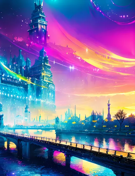 Metropolitan metropolis、Colorful Metropolitan Museum of Art、River painting with stars and moon in rainbow sky、the met、Shining skyscrapers、Shine across the board、Skyscrapers、Concept art inspired by Mitsuoki Tosa、pixiv contest winners、top-quality、Fantasyart、...