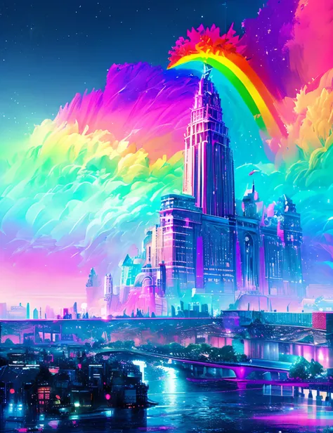 Metropolitan metropolis、Colorful Metropolitan Museum of Art、River painting with stars and moon in rainbow sky、the met、Shining skyscrapers、Shine across the board、Skyscrapers、Concept art inspired by Mitsuoki Tosa、pixiv contest winners、top-quality、Fantasyart、...