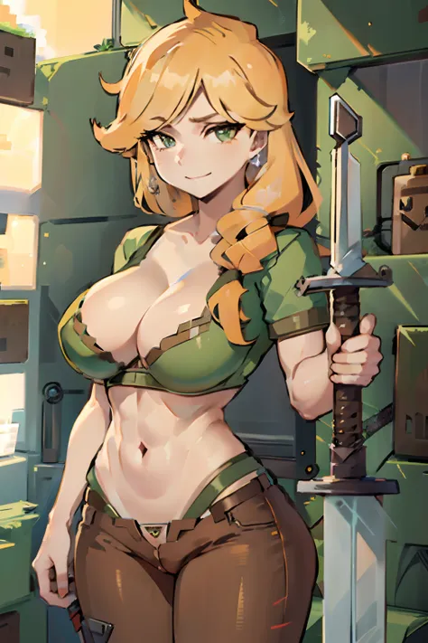 cute smile, big breasts, alex, ((marked pussy)), minecraft brown pants, ((bra)), ((((diamond sword))))