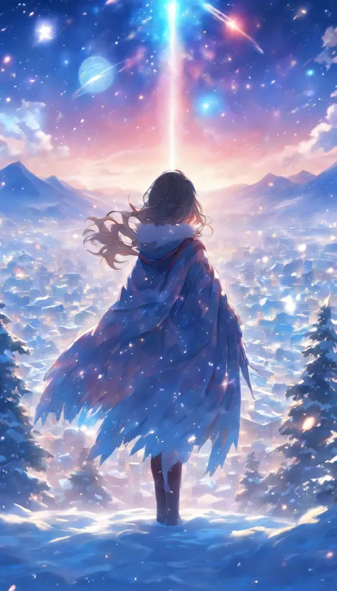 Rear view, with their face not visible.Woman standing in a snowy landscape. Snow falls on the outstretched hand.Fantastic sky. crystal clear skies.Floating stars and planets.Fantastic blue. High quality down to the smallest detail. fantastic landscape . Pe...