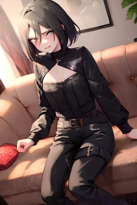 Girl with black hair and a small red lock, olive green eyes, bob haircut, dressed in a corset, leather pants and boots, ((Mancha de orinar)), preocupado, En pie